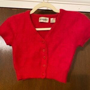 Vintage 90’s cropped angora v-neck button down short sleeve sweater fuschia